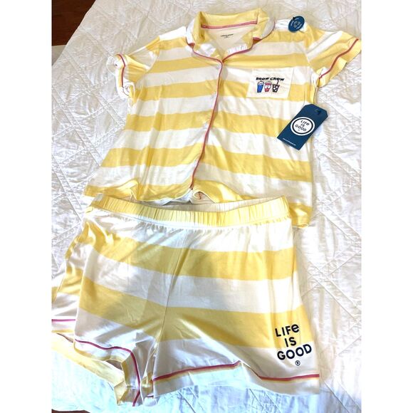NWT Life Is Good Women's PJ Pajama Set Sz L Top Shorts White Yellow Stripe BNWT - Picture 1 of 14
